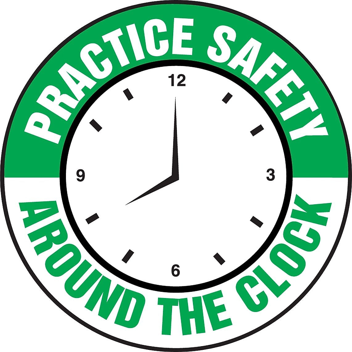 Accuform Hard Hat/Helmet Decal, PRACTICE SAFETY AROUND THE CLOCK, 2 1/4", Adhesive Vinyl, 10/Pack (LHTL308)