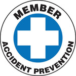 ACCUFORM SIGNS® Hard Hat/Helmet Decal, MEMBER ACCIDENT PREVENTION, 2¼", Adhesive Vinyl, 10/Pk
