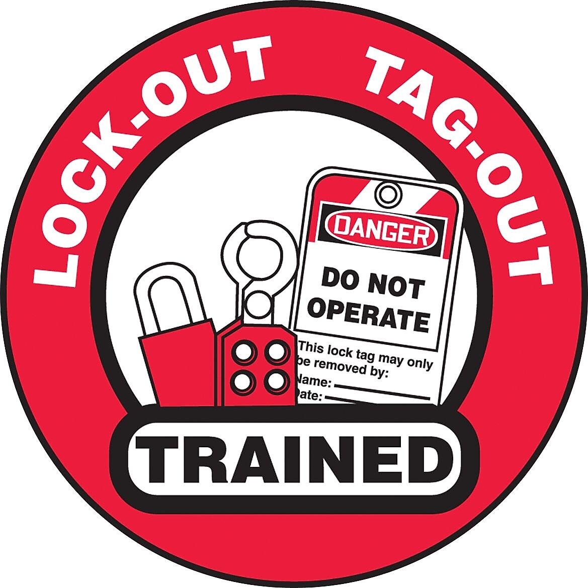 Accuform Hard Hat/Helmet Decal, LOCK-OUT TAG-OUT TRAINED, 2 1/4", Adhesive Vinyl, 10/Pack (LHTL344)