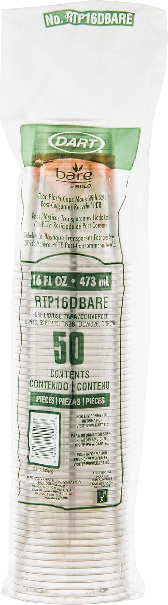 Solo Plastic Cups, Bare® RPET Clear Cold Cup, 16oz., 50/Pk, 20/CT