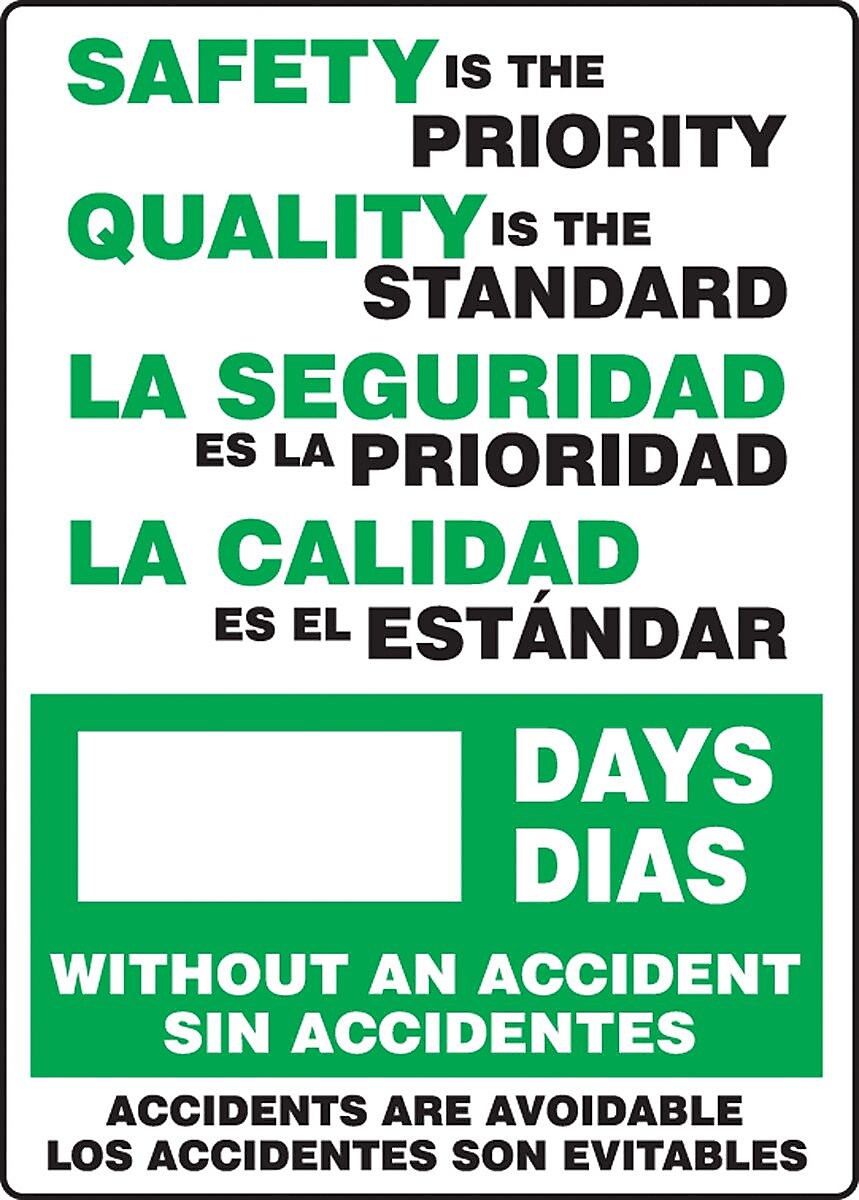 Accuform Bilingual Write-A-Day; SAFETY IS PRIORITY, QUALITY STANDARD # DAYS, 28"x20" Plastic (SBMSR249PL)