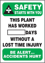 ACCUFORM SIGNS® Write-A-Day; SAFETY STARTS W/YOU PLANT WORKED # DAYS W/OUT INJURY, 28"x20", Aluminum