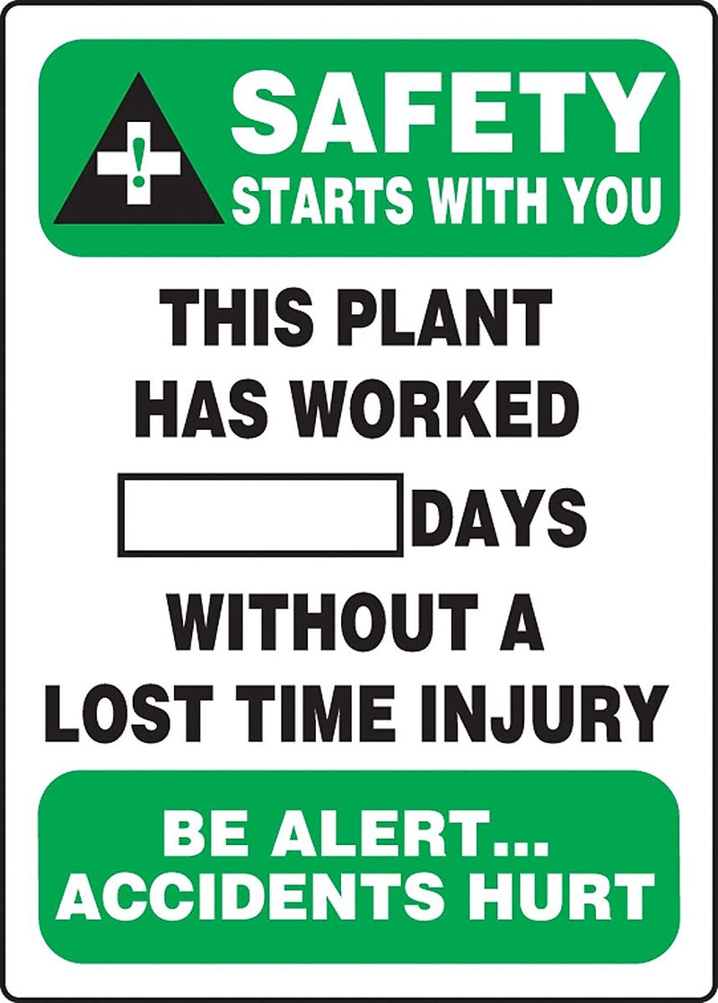 ACCUFORM SIGNS® Write-A-Day; SAFETY STARTS W/YOU PLANT WORKED # DAYS W/OUT INJURY, 28"x20", Aluminum