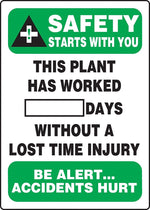 Accuform Write-A-Day; SAFETY STARTS W/YOU PLANT WORKED # DAYS W/OUT INJURY, 20"x14", Plastic (MSR130PL)