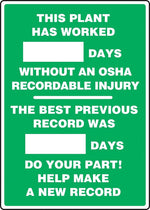 Accuform Write-A-Day; PLANT WORKED # DAYS W/OUT OSHA RECORDABLE INJURY, 20"x14", Plastic (MSR127PL)