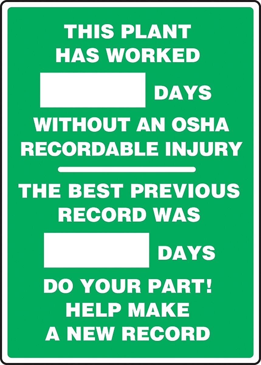 Accuform Write-A-Day; PLANT WORKED # DAYS W/OUT OSHA RECORDABLE INJURY, 20"x14", Plastic (MSR127PL)