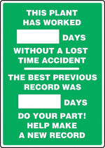 Accuform Write-A-Day Scoreboard, PLANT WORKED # DAYS W/OUT LOST TIME ACCIDENT 28"x20" Plastic (MSR246PL)