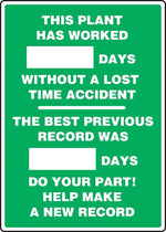 ACCUFORM SIGNS® Write-A-Day Scoreboard, PLANT WORK # DAYS W/OUT LOST TIME ACCIDENT 20"x14" Aluminum (MSR126AL)