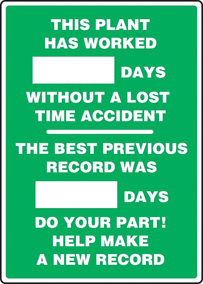Accuform Write-A-Day Scoreboard, PLANT WORKED # DAYS W/OUT LOST TIME ACCIDENT 20"x14" Plastic (MSR126PL)