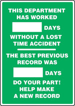 Accuform Write-A-Day Scoreboard, DEPT WORKED # DAYS W/OUT LOST TIME ACCIDENT, 28"x20" Plastic (MSR244PL)