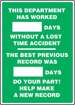 Accuform Write-A-Day Scoreboard, DEPT WORKED # DAYS W/OUT LOST TIME ACCIDENT, 20"x14" Plastic (MSR124PL)