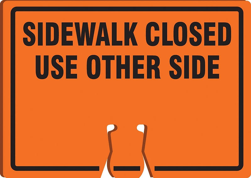 Accuform Traffic Cone Top Warning Sign, SIDEWALK CLOSED USE OTHER SIDE, 10" x 14", Plastic (FBC771)