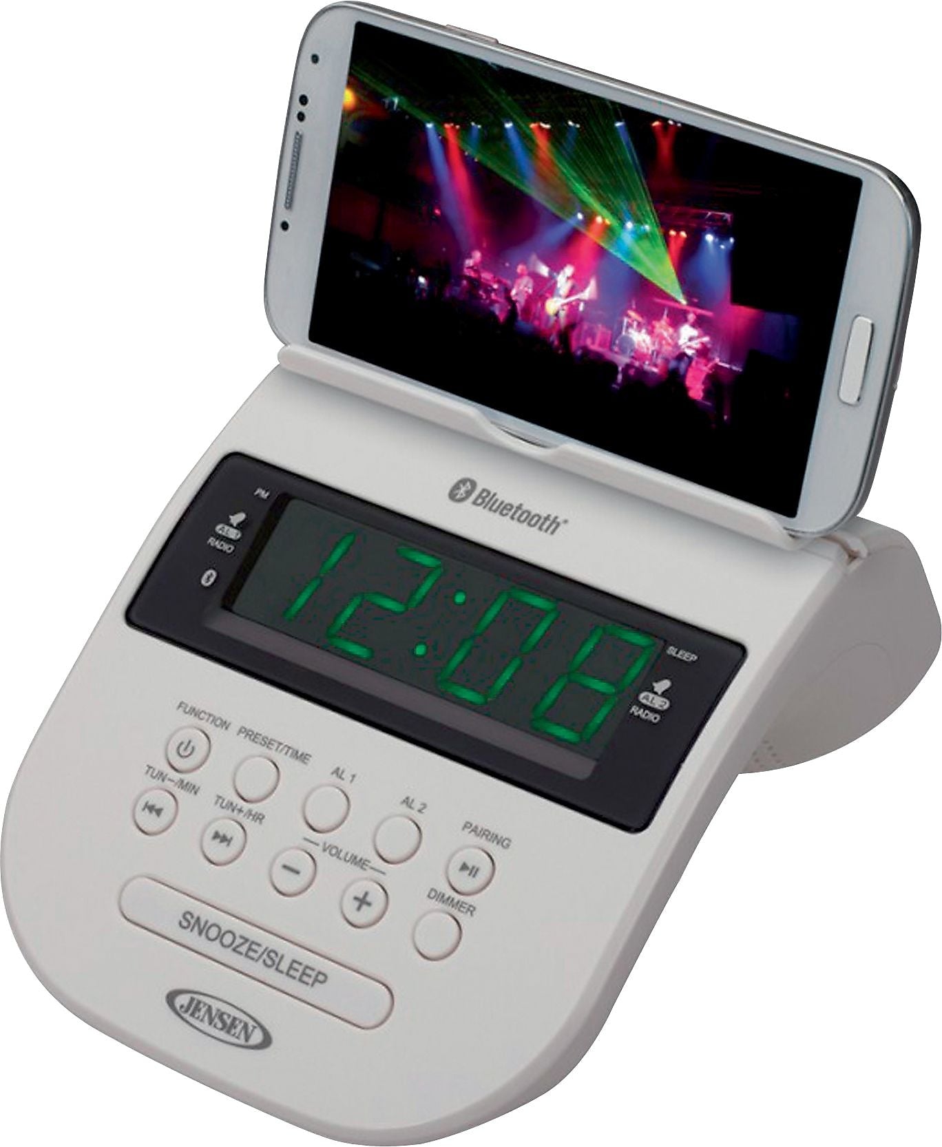 Jensen Bluetooth Clock Radio with Cellphone Holder, White (JCR-295-W)