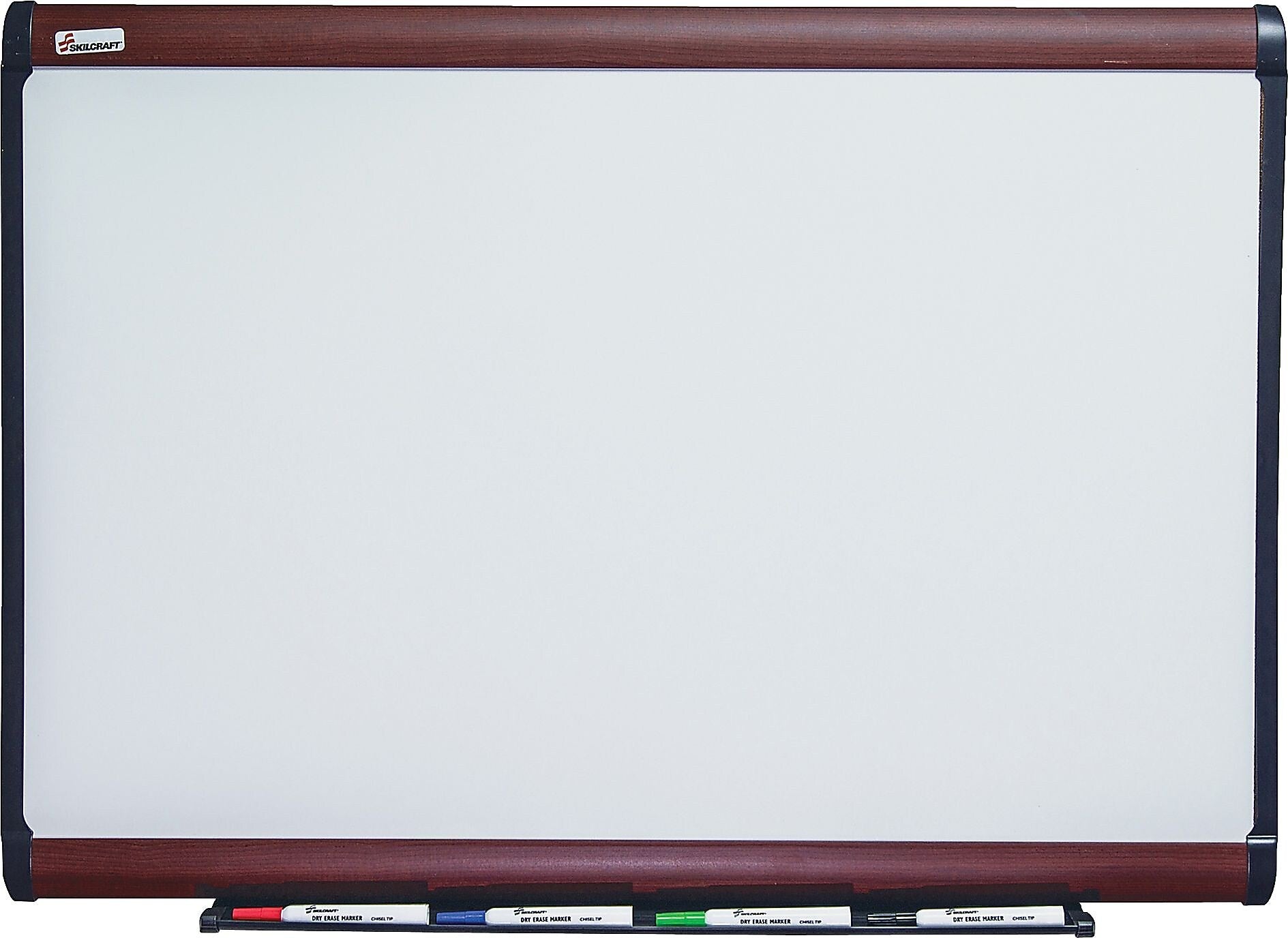 AbilityOne SKILCRAFT Prestige Plus Whiteboard, 72"W x 48"H, Porcelain Surface, Mahogany Wood Frame, Film, Wall Mount