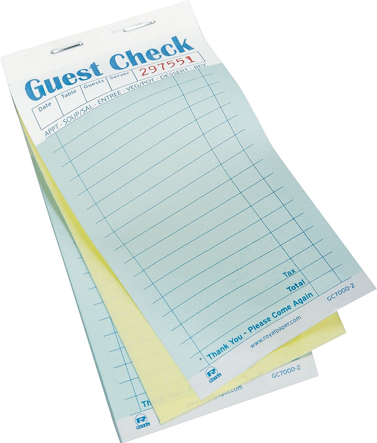 Royal Guest Check Book, Carbonless Duplicate, Multicolored, 2500/Box (RPP GC7000-2)