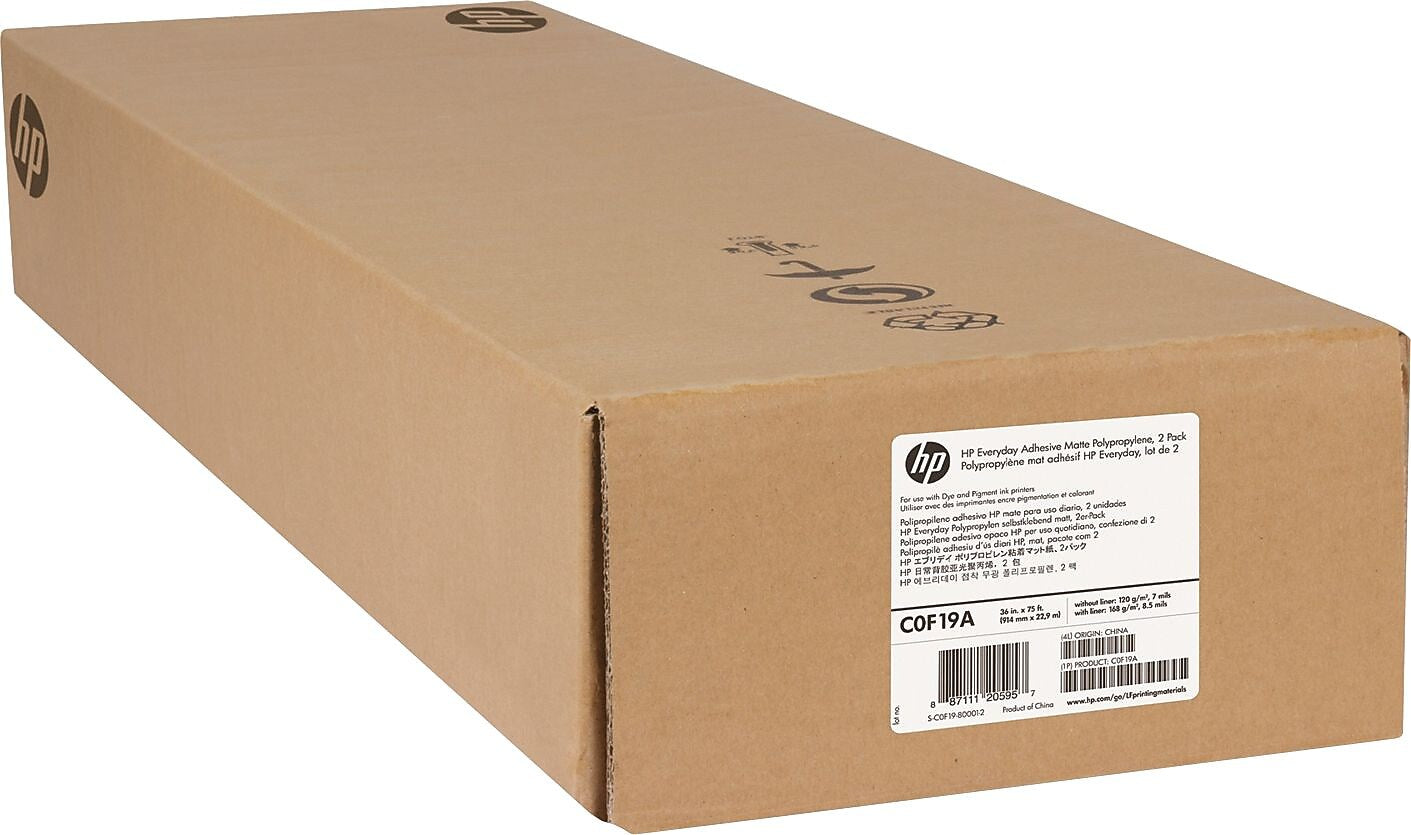 HP Everyday Adhesive Wide Format Polypropylene Paper, 36" x 75.13', Matte Finish, 2/Pack (HEWC0F19A)