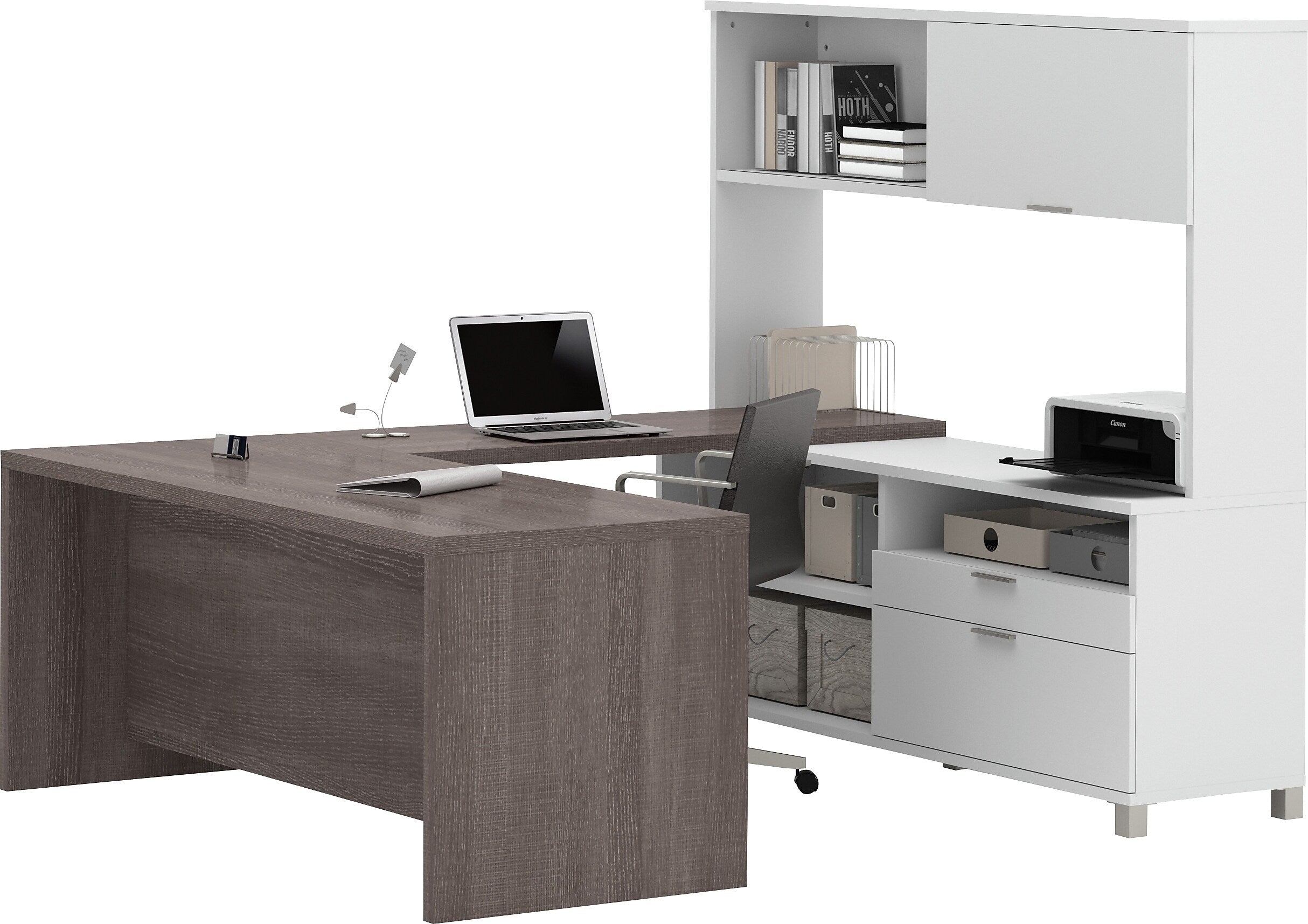 Bestar Pro-Linea 71" U-Desk with Hutch, White/Bark Grey (120880-47)