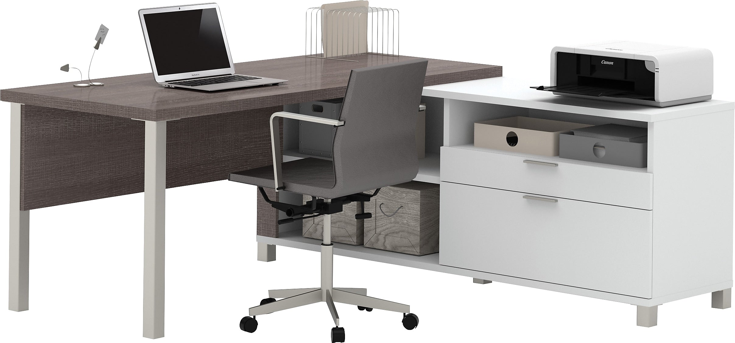 Bestar Pro-Linea 71"W L-Desk, White & Bark Grey (120883-47)