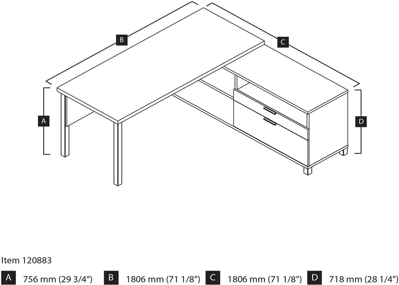 Bestar Pro-Linea 71"W L-Desk, White & Bark Grey (120883-47)