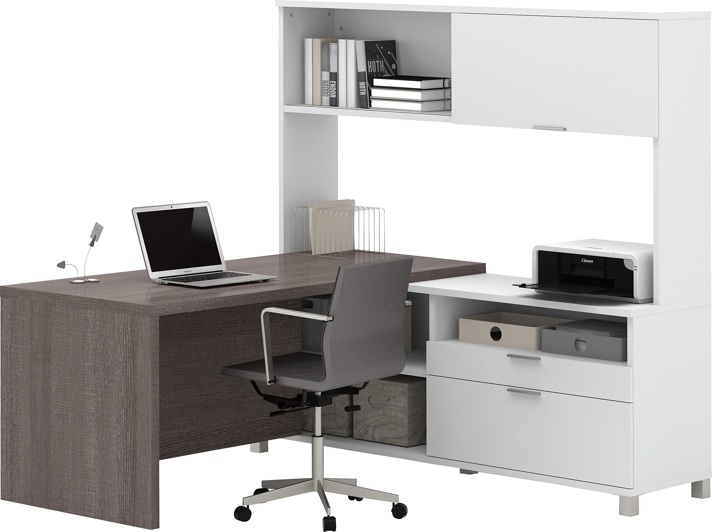 Bestar Pro-Linea 71"W L-Desk with Hutch, White & Bark Grey (120882-47)
