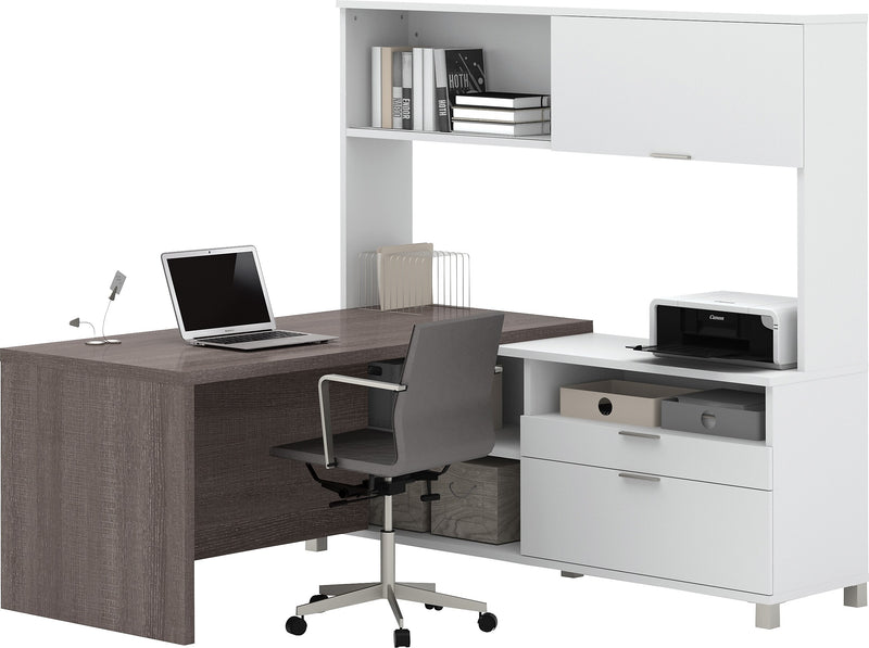 Bestar Pro-Linea 71"W L-Desk with Hutch, White & Bark Grey (120882-47)