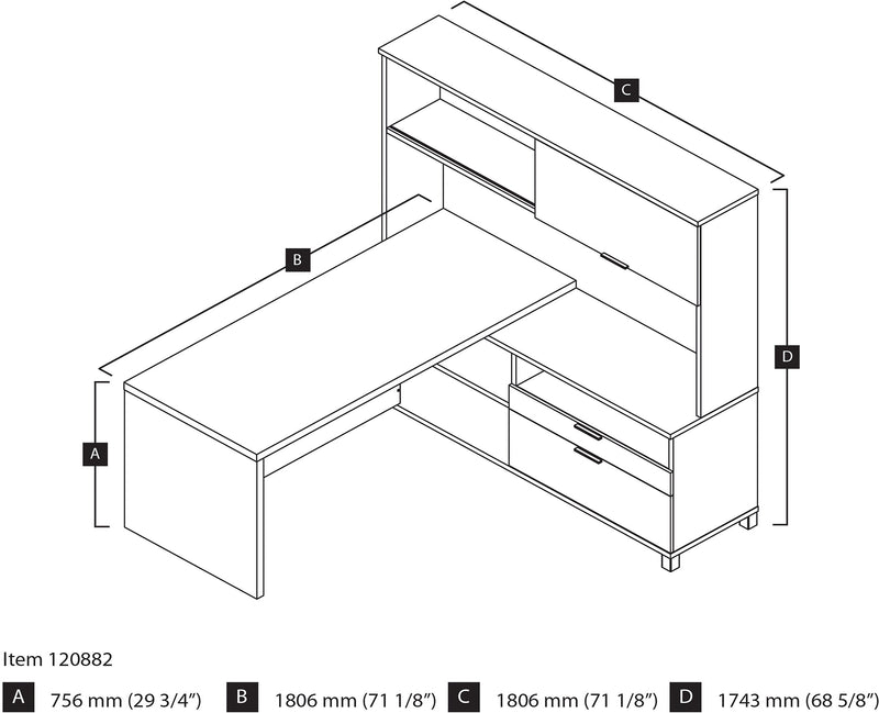 Bestar Pro-Linea 71"W L-Desk with Hutch, White & Bark Grey (120882-47)