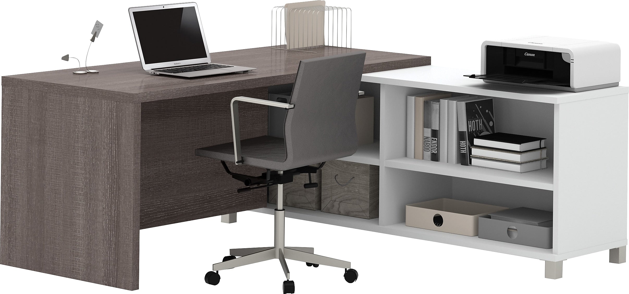 Bestar Pro-Linea 71"W L-Desk, White & Bark Grey (120885-47)
