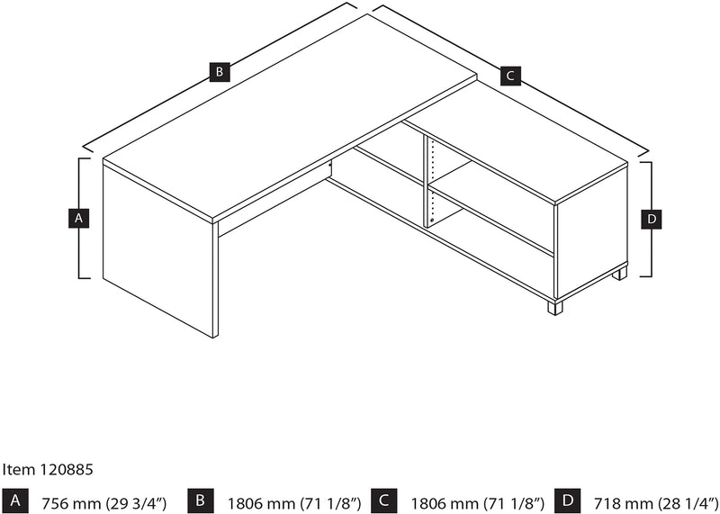 Bestar Pro-Linea 71"W L-Desk, White & Bark Grey (120885-47)
