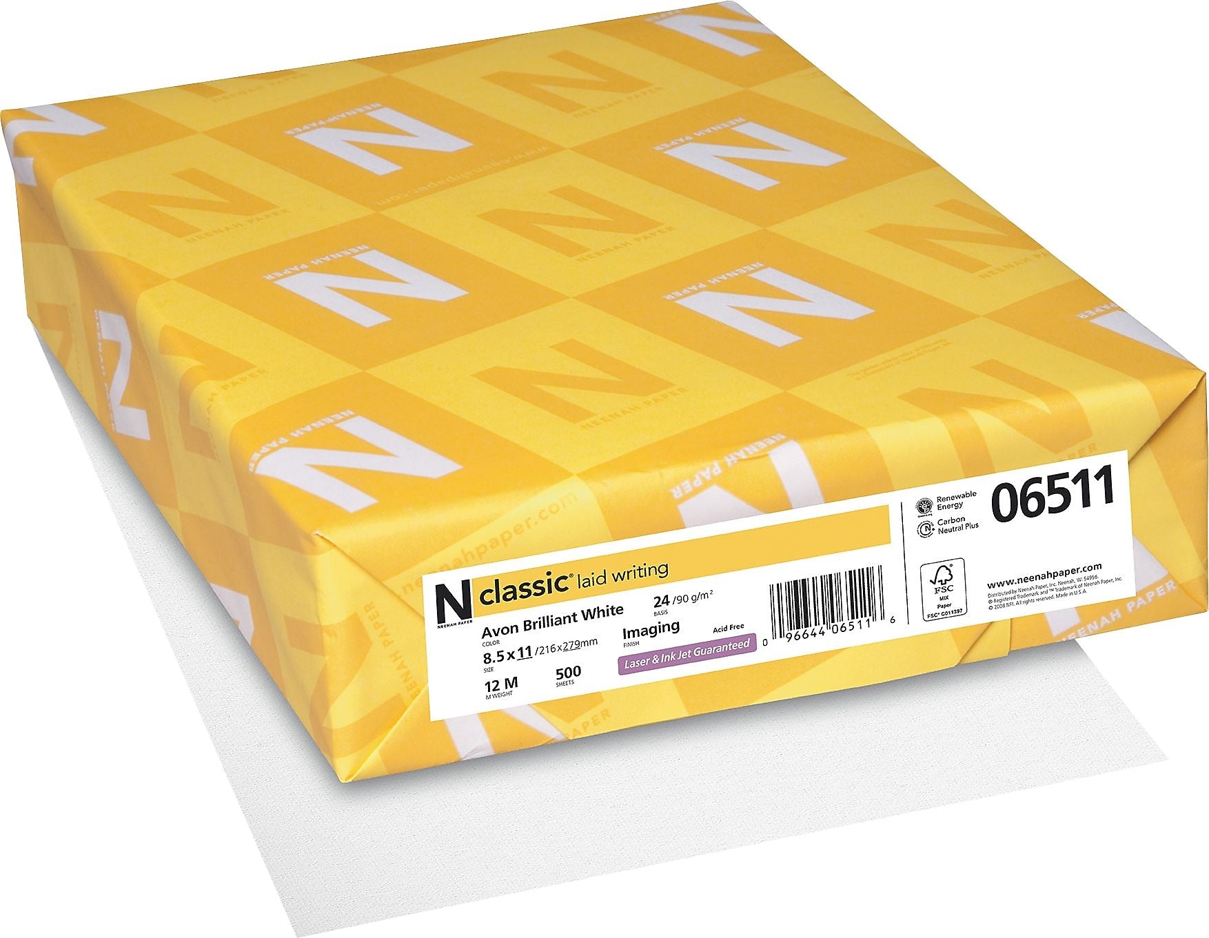 Neenah Paper Classic 8.5" x 11" Business Paper, 24 lbs., Avon Brilliant White with Laid Finish, 500 Sheets/Ream (06511)