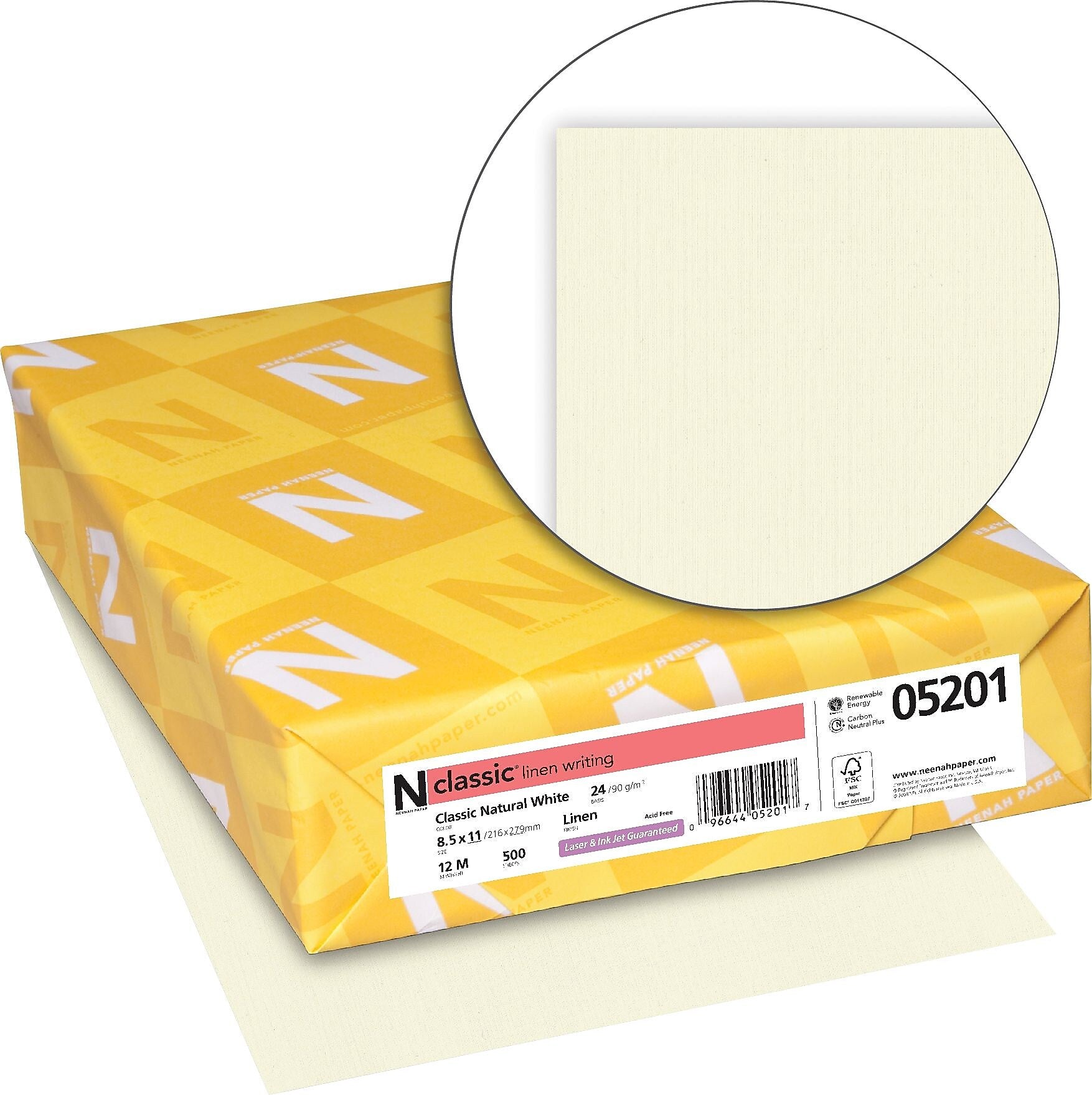 Neenah Paper CLASSIC Linen Writing Paper, 8 1/2" x 11", 24 lb., Linen Finish, Natural White, 500/Ream (05201)