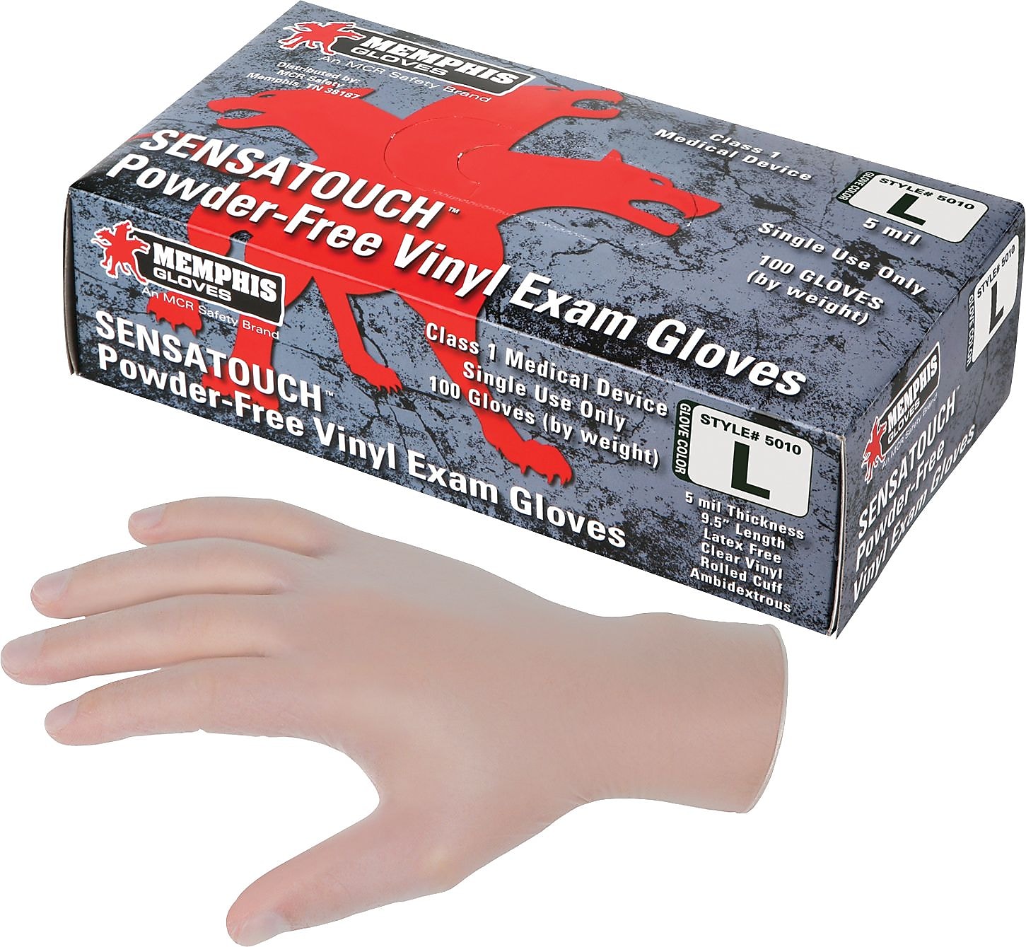 Memphis SensaTouch™ Disposable Vinyl Exam Glove, Latex-Free, Powder-Free, 5 mil, Clear, Large, 100/Box (5010-L)