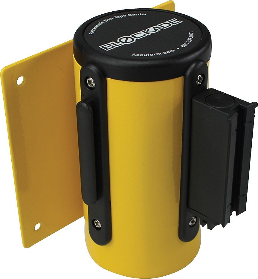 Accuform Signs® Blockade Wall-Mount Retractable Belt Tape Barrier, Yellow Case/Red Belt Tape, Each