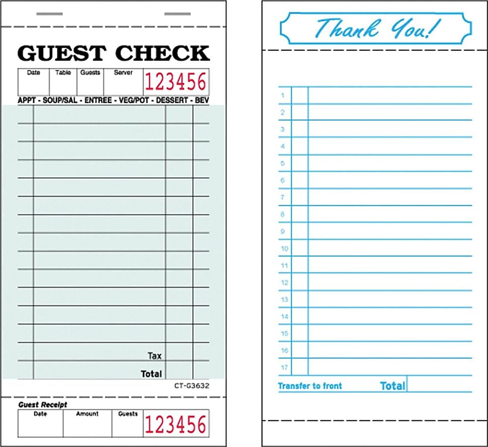 Alliance G3632, Single Copy, Board, Green, 15 Line, Guest Checks, 50 Checks per Book, 50 Books/Ctn