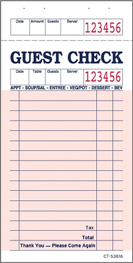 Alliance S3616, Single Copy, Salmon, 16 Line, Guest Checks, 100 Checks per Book, 50 Books/Ctn
