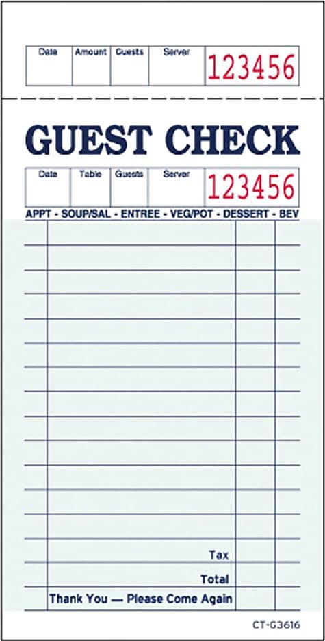 Alliance 1-Part Carbonless Guest Checks, 3.4" x 6.73", 50 Sets/Book, 2/Carton (367401)