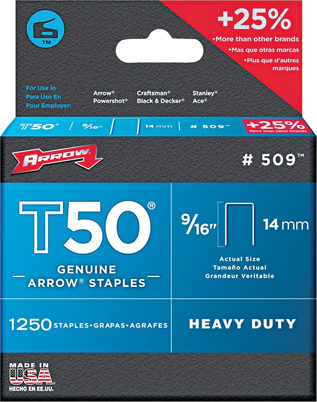 Arrow Fastener T50 9/16" Length Standard Multi-Use Staples, Full Strip, 250/Box, 4 Boxes (091-509)