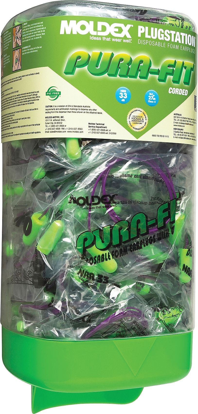 Moldex PlugStation with Pura-Fit Uncorded Earplugs, NRR 33 dB, Green, 150/Box (507-6882)