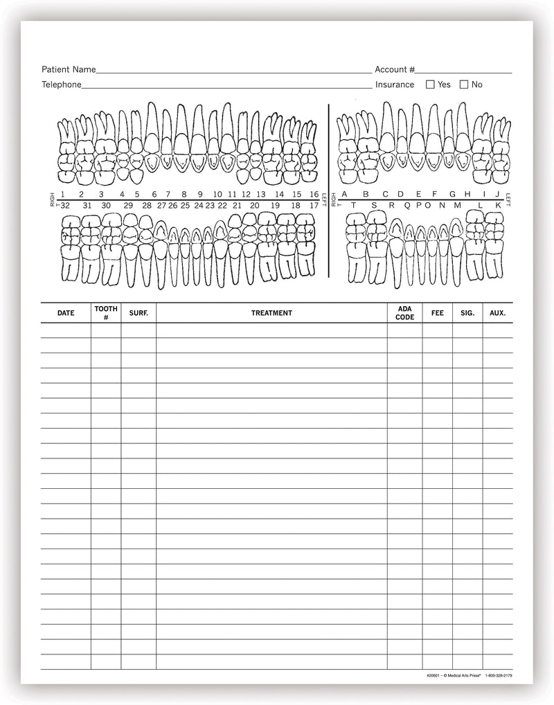 Medical Arts Press Dental Treatment Notes, Tooth Chart, 250/Pack (20601RL)