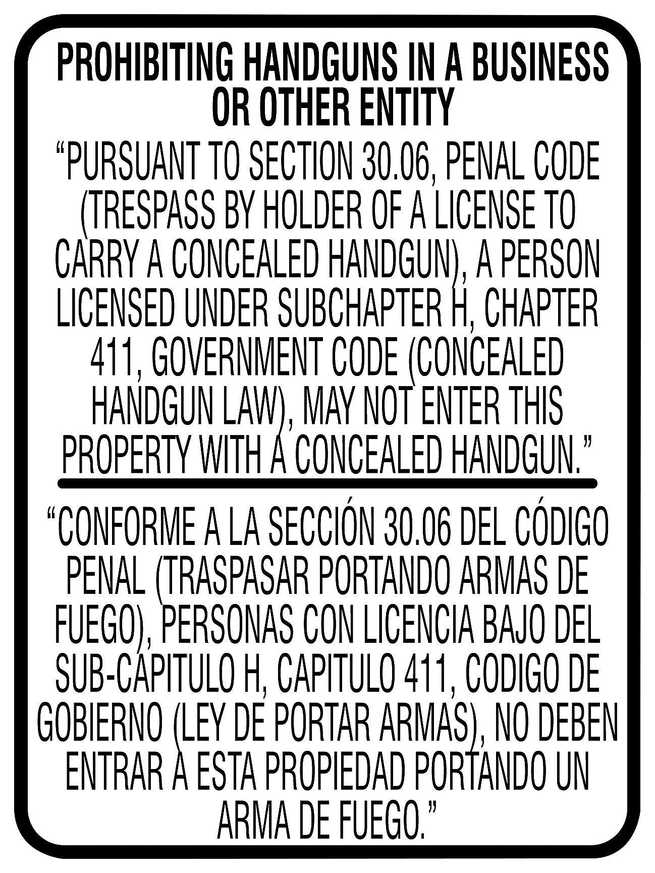 ACCUFORM Spanish-Bilingual Texas 30.06 Safety Sign, PROHIBITING HANDGUNS IN A BUSINESS OR OTHER ENTITY, 24"x18", Dura-Plastic