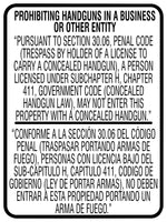ACCUFORM Spanish-Bilingual Texas 30.06 Safety Sign, PROHIBITING HANDGUNS IN A BUSINESS OR OTHER ENTITY, 24"x18", Dura-Plastic
