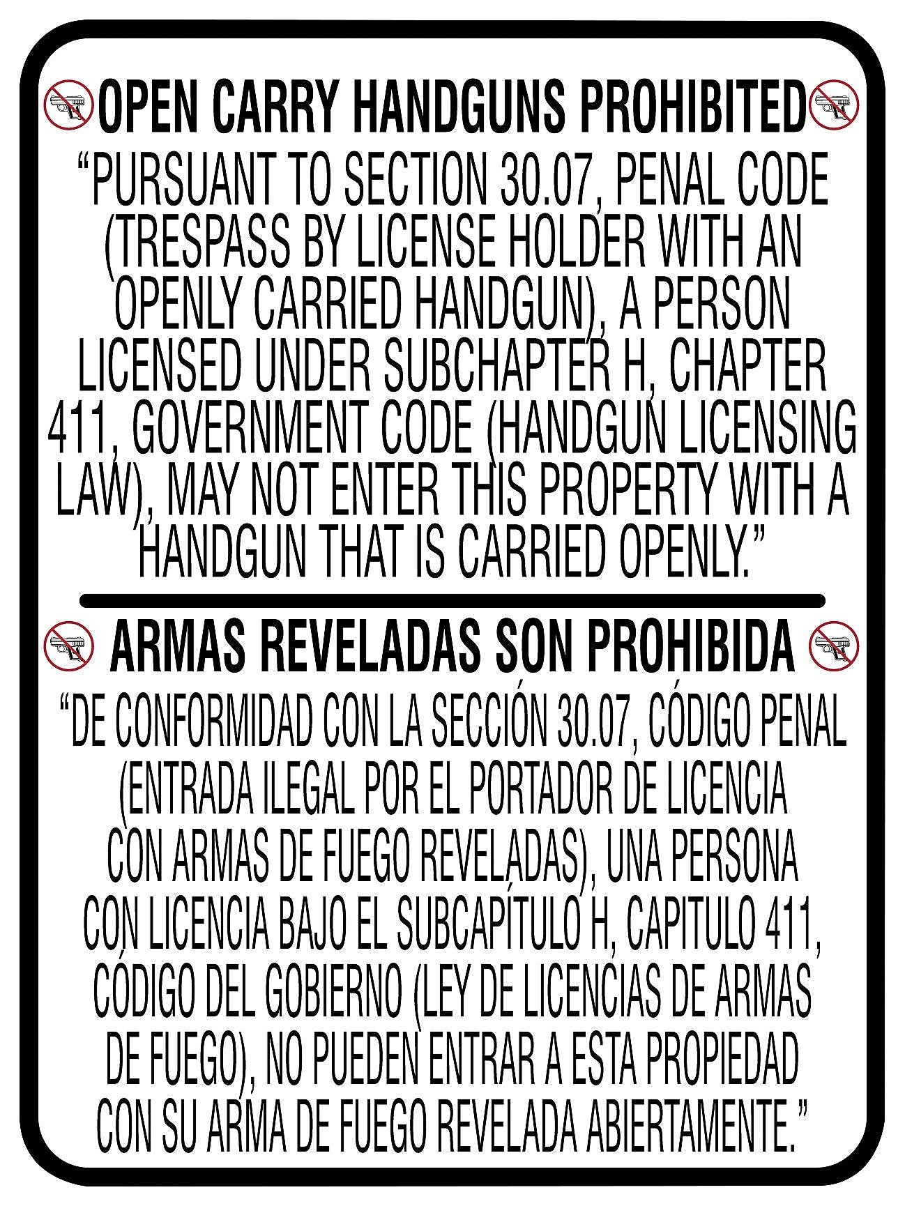Accuform Spanish-Bilingual Texas 30.07 Safety Sign, OPEN CARRY HANDGUNS PROHIBITED, 24" x 18", Dura-Plastic (MACC509XT)