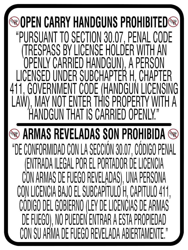 Accuform Spanish-Bilingual Texas 30.07 Safety Sign, OPEN CARRY HANDGUNS PROHIBITED, 24" x 18", Dura-Plastic (MACC509XT)