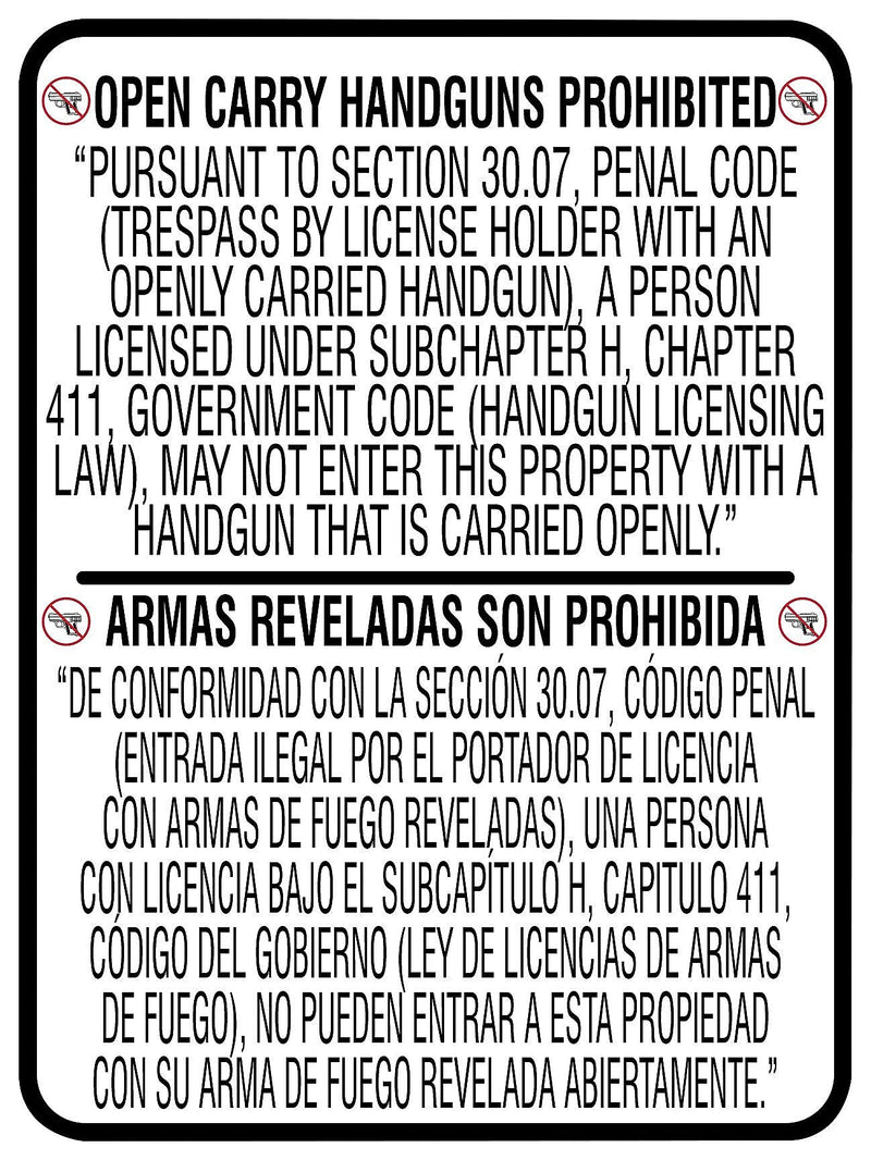 Accuform Spanish-Bilingual Texas 30.07 Safety Sign, OPEN CARRY HANDGUNS PROHIBITED, 24" x 18", Aluminum (MACC509VA)