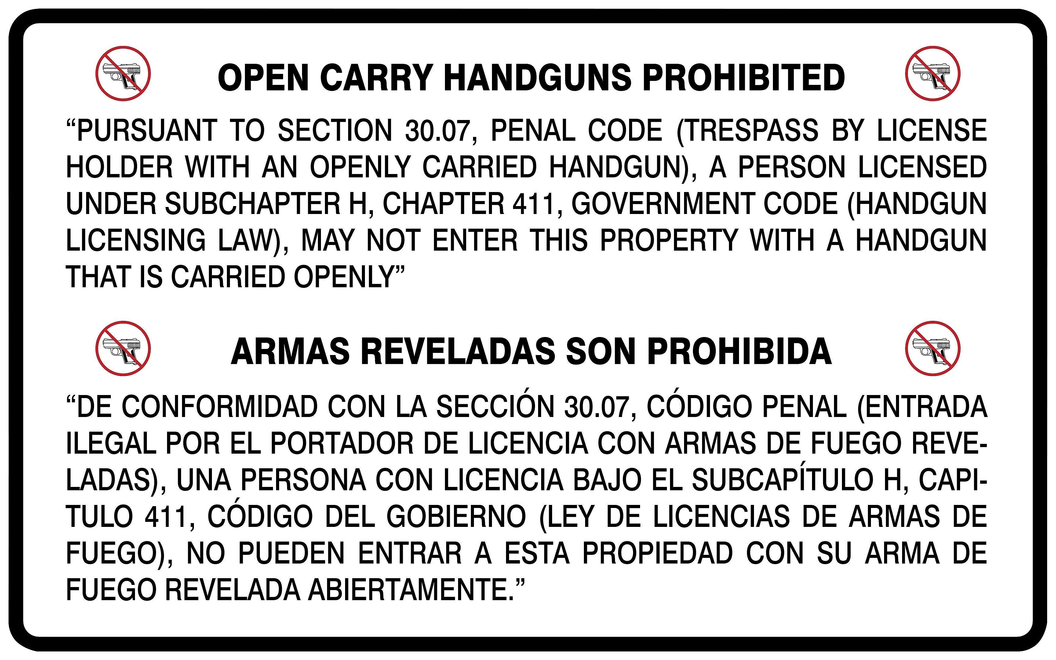 Accuform Spanish-Bilingual Texas 30.07 Safety Sign, OPEN CARRY HANDGUNS PROHIBITED, 30" x 48", Aluma-Lite (MACC510XL)