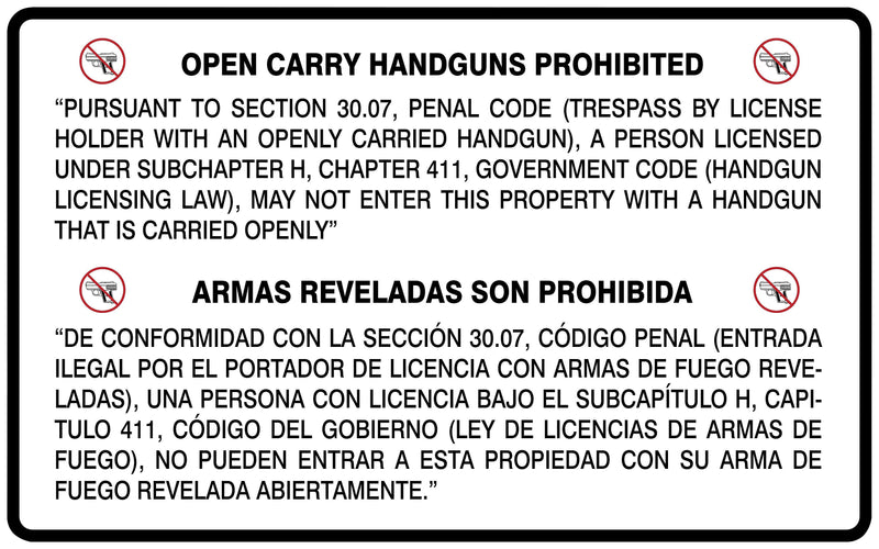 Accuform Spanish-Bilingual Texas 30.07 Safety Sign, OPEN CARRY HANDGUNS PROHIBITED, 30" x 48", Aluma-Lite (MACC510XL)