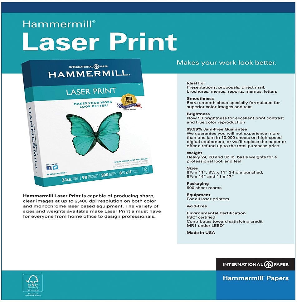 International Paper Laser Print Paper, 8.5" x 11", 24 lbs.