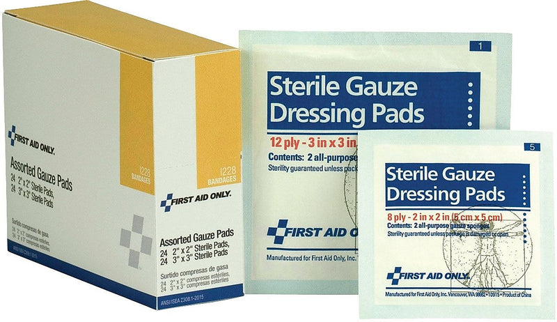 First Aid Only  2" x 2"/3" x 3" Sterile 8-12-Ply Gauze Pads, 24/Pack, 2 Packs/Box (I228)