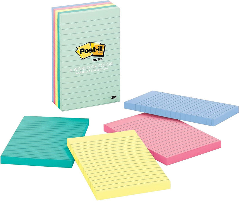 Post-it Notes, 4" x 6", Beachside Café Collection, Lined, 100 Sheet/Pad, 5 Pads/Pack (MMM6605PKASTCT)