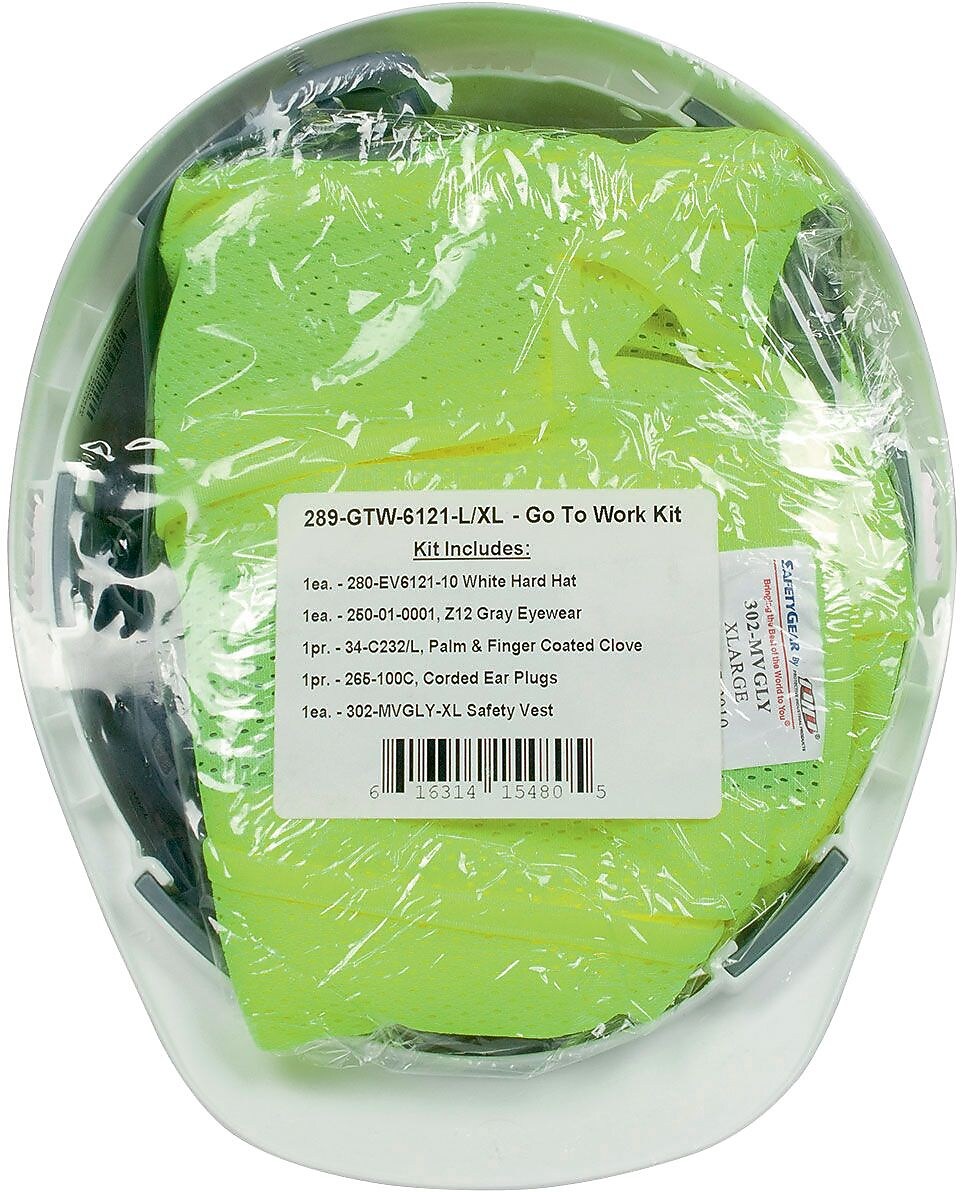 PIP Whistler Pre-Packed PPE Kit, HP241 Hat, Safety Eyewear, Earplugs, Gloves and Vest, L/XL, 8/Carton (2273681)
