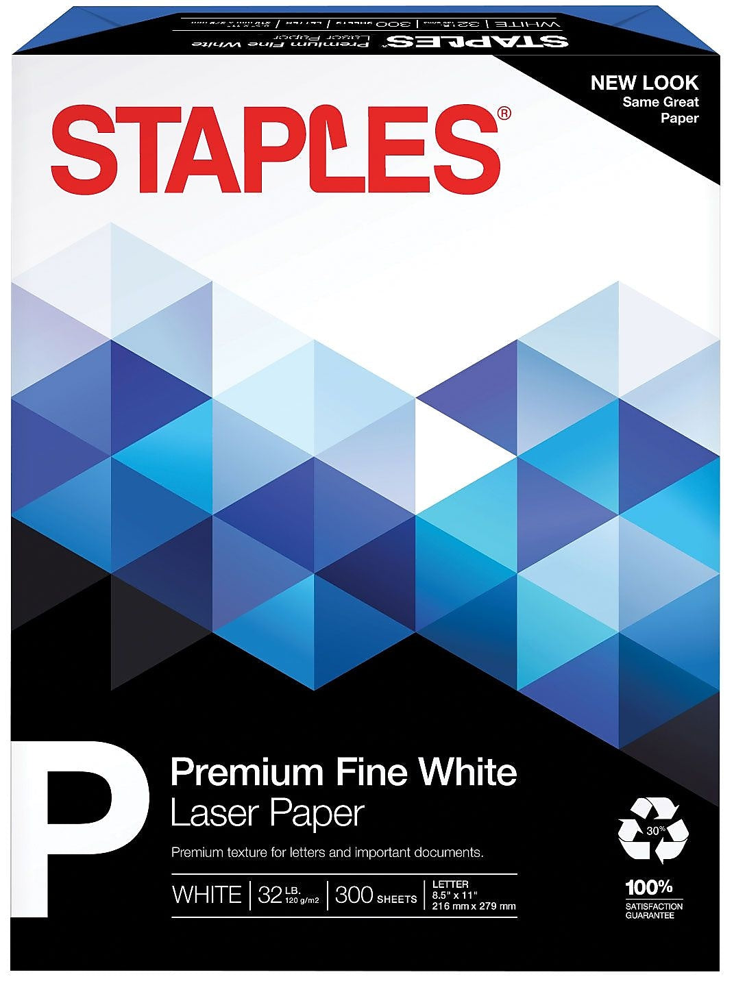 Staples 30% Recycled 8.5" x 11" Multipurpose Paper, 32 lbs., 100 Brightness, 300/Pack (358C-WH-STP)